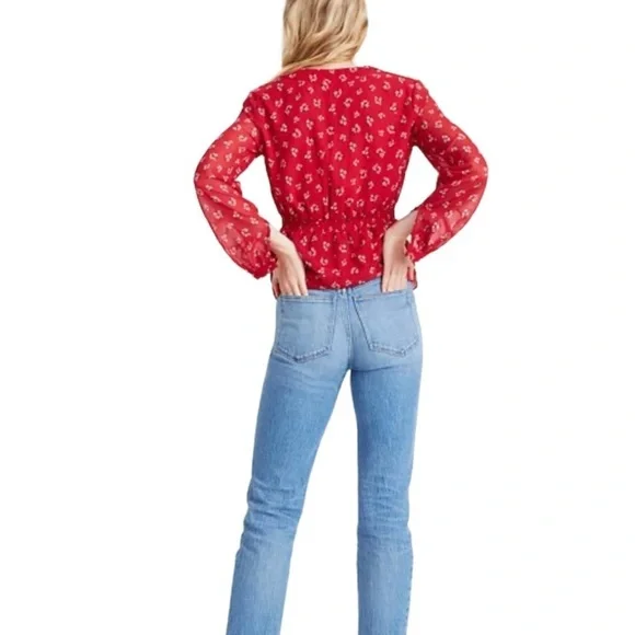 Madewell Floral Tiered Sleeves Peplum Top. Shimmery Red  Sz 00 - Picture 2 of 12